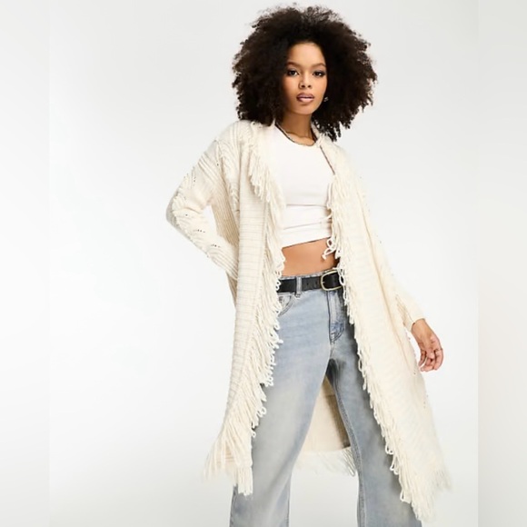 Western Boho bohemian 70s White Fringe Cardigan Sweater Chicos Size 16 (3) - Picture 1 of 11